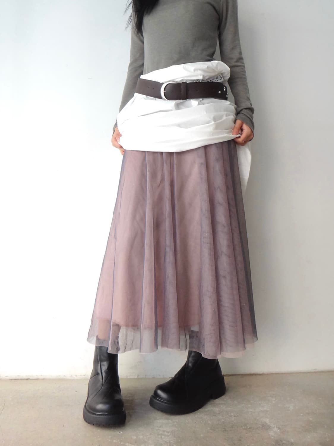 Mesh 2 layered rose skirt / grey & pink 상품이미지7