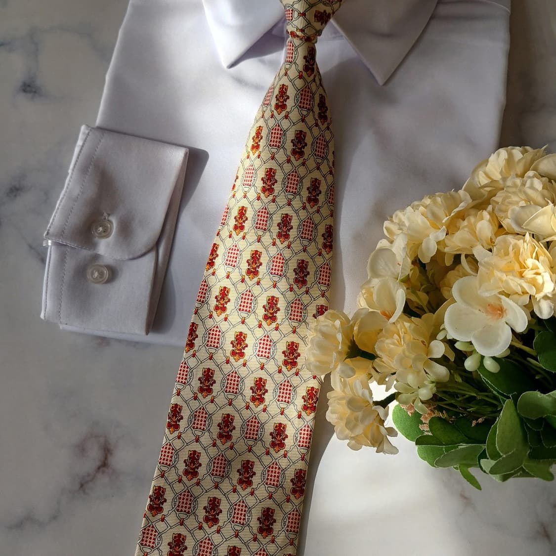 아쿠아스큐텀 실크 아이보리 패턴 넥타이 10cm A+등급 A19762
 상품이미지7