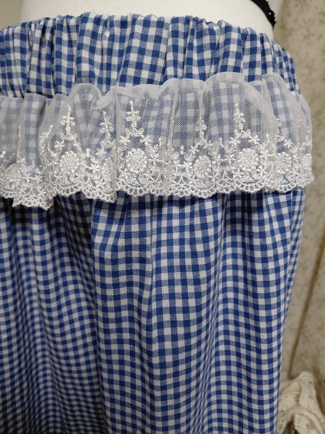 [빈티지 리폼] 블루 체크 캉캉 롱 스커트 레이스 상품이미지3
