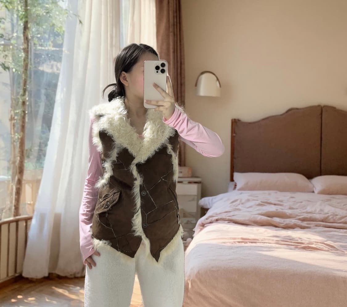 빈티지 커피브라운 양털 토스카나 양가죽 조끼 베스트 상품이미지1