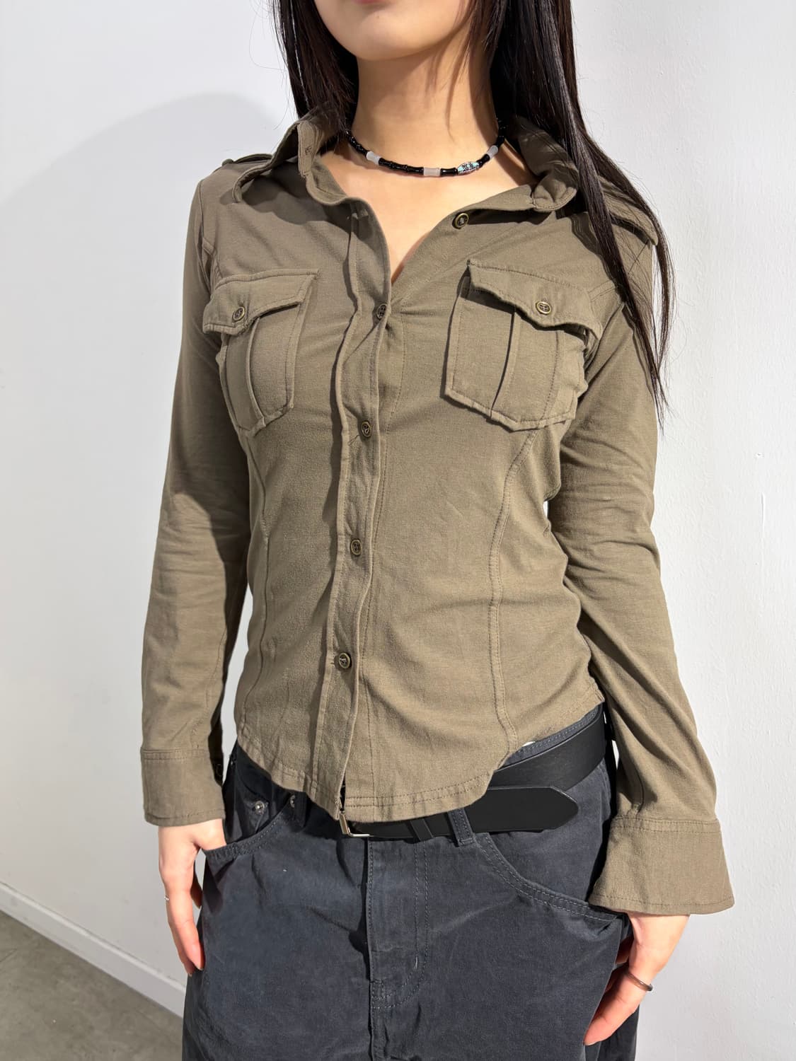 y2k Prmuno 카키 면 셔츠 상품이미지1