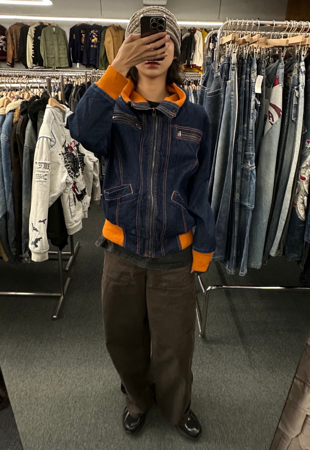 OS)Sweet Vibes 빈티지 배색 하이넥 집업 데님자켓 상품이미지1