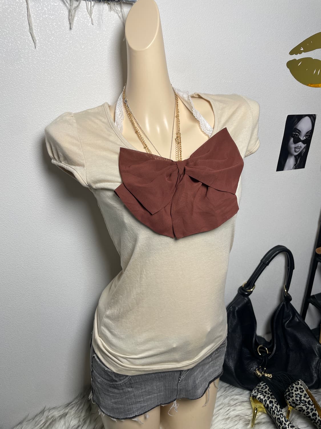 라떼 갸루 브라운 리본 반팔티 탑 상품이미지1