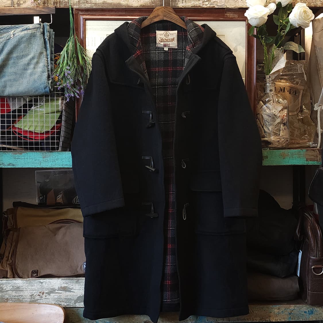 90s 글로버올 더플코트 잉글랜드 플레드 체크 빈티지 헤비울 코트 블랙S 상품이미지2
