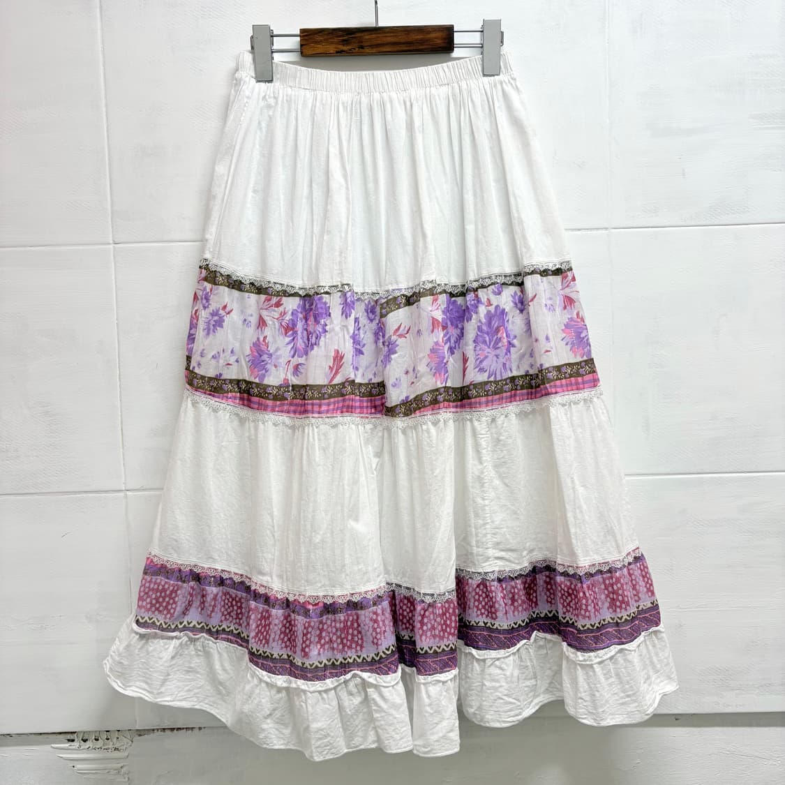 화이트 퍼플 패치워크 캉캉 히피 레이스 롱 스커트 JPN 상품이미지7