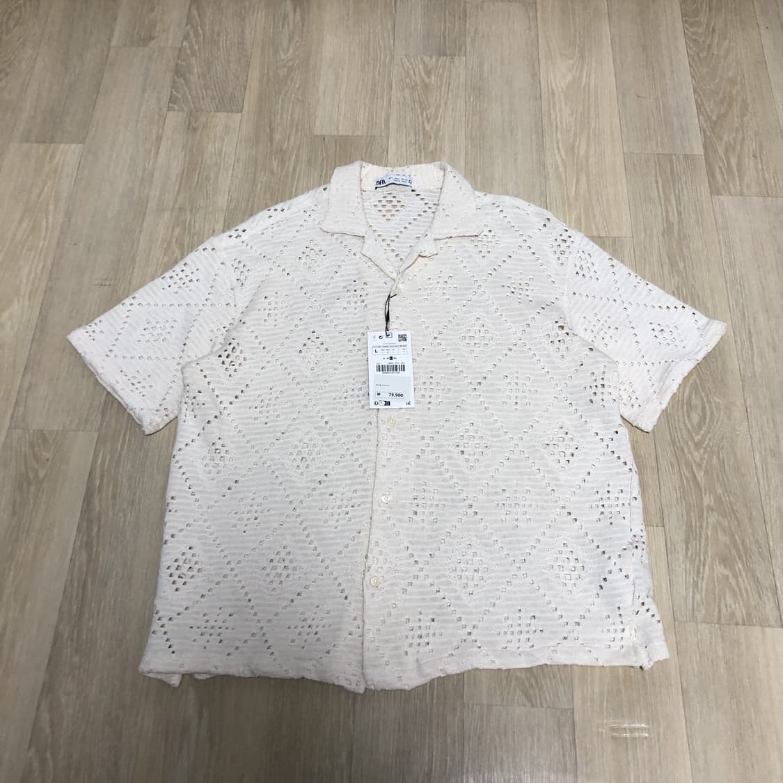 (L) 새상품 ZARA 자라 텍스처드 크로셰 반팔 셔츠 아이보리 상품이미지1