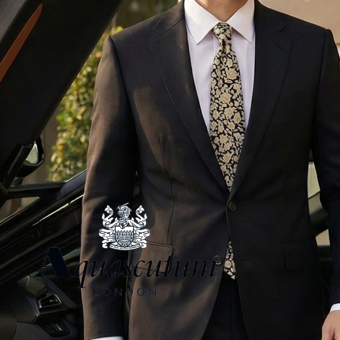 아쿠아스큐텀 실크 블랙 플로럴 넥타이 9.5cm A+등급 k1739 상품이미지1