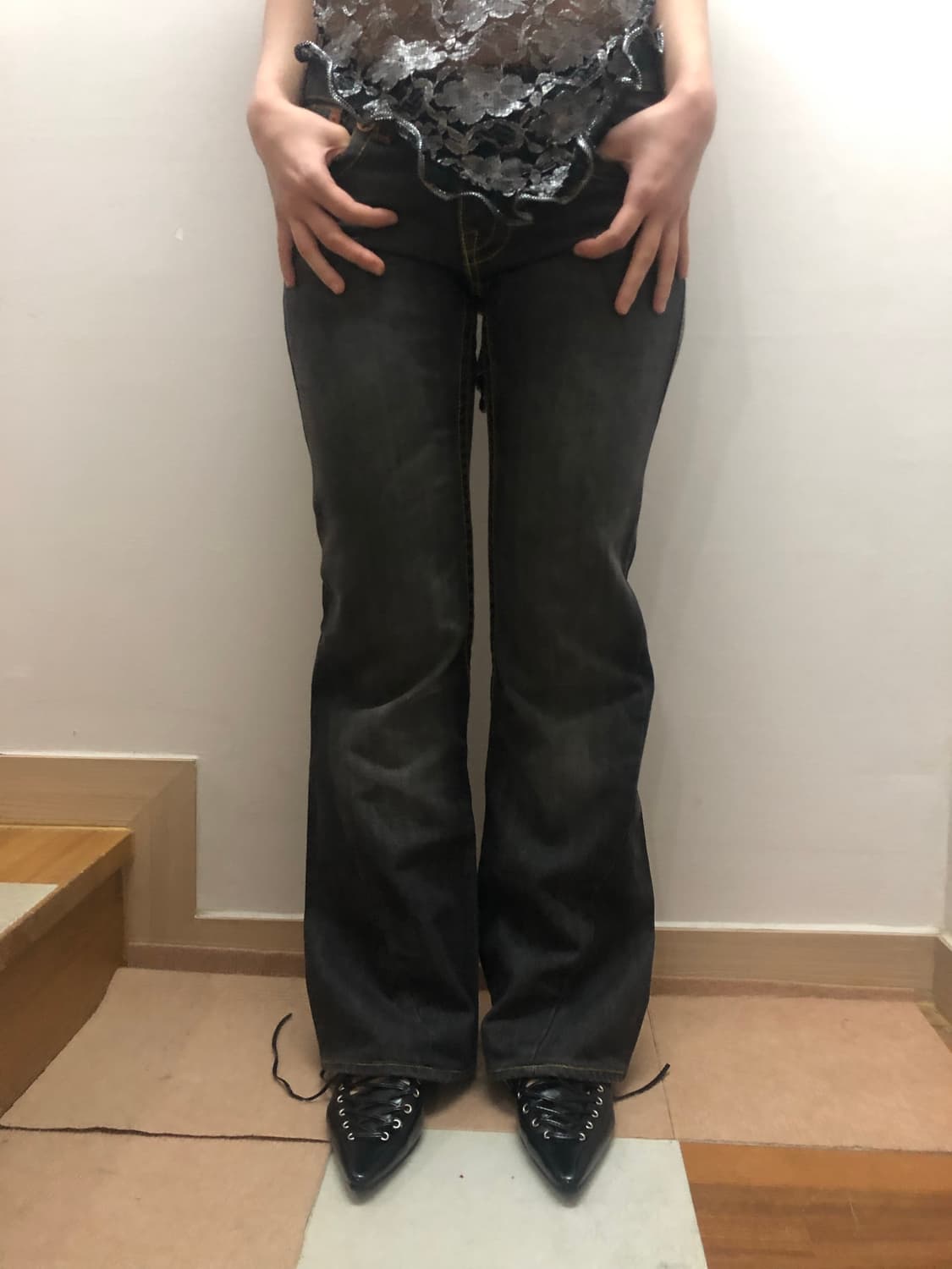 빈티지 트루릴리젼 블랙 데님 워싱 팬츠 상품이미지3