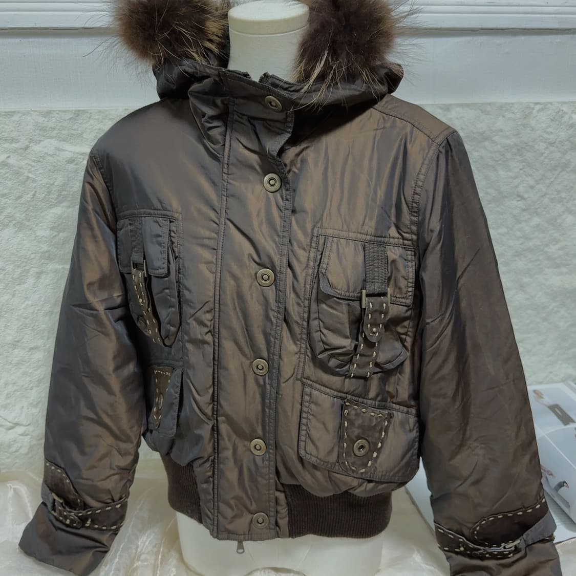 빈티지 일본 초콜릿 나일론 황동 양두지퍼 되지가죽 라쿤퍼 후드 패딩 상품이미지1