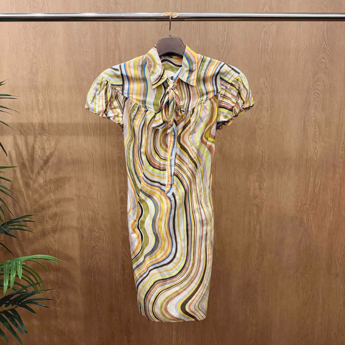 폴스미스 블랙 웨이브 스트라이프 리본 타이 퍼프소매 셔츠 원피스 멀티컬러 상품이미지1