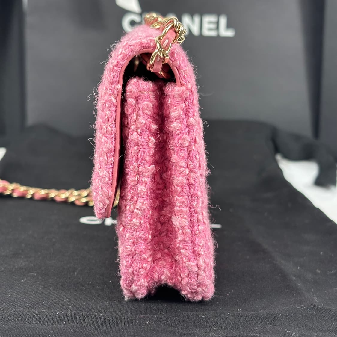 (새상품,풀구성)샤넬 핑크 트위드 플랩 체인 숄더백 내장칩 상품이미지5