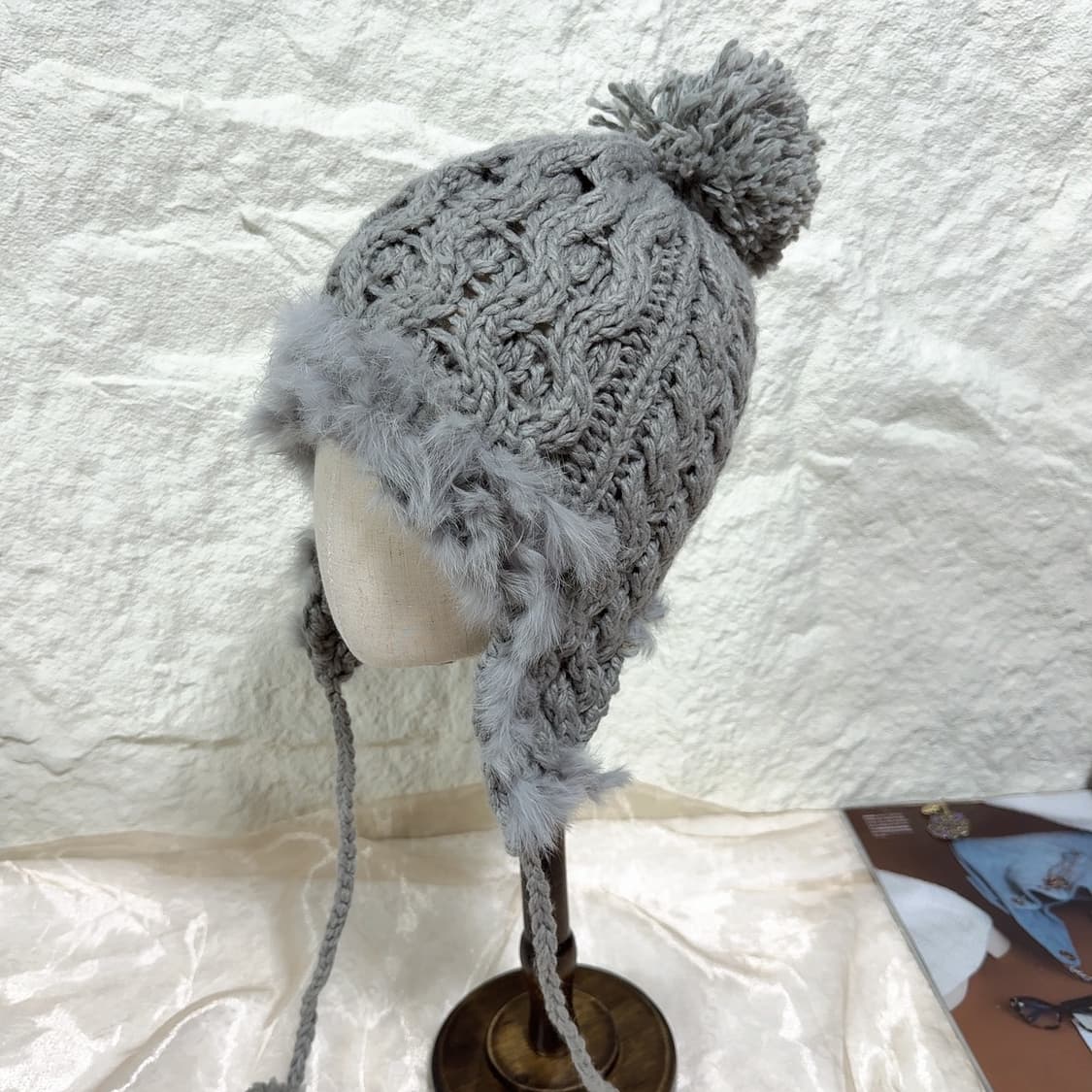 빈티지 Y2K 그레이 토끼털 꽈배기 군밤모자 귀달이모자 상품이미지2