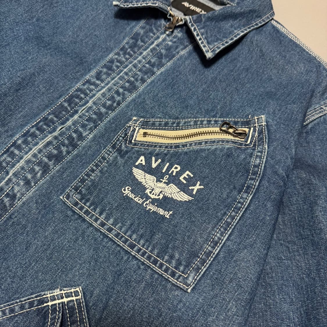 아비렉스(AVIREX) 라이트블루 워시드 데님 패치 로고 91-B 자켓 상품이미지4