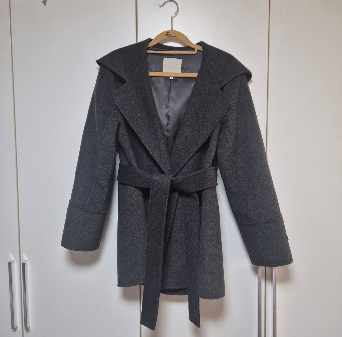 셀렙샵에디션 울 블렌드 핸드메이드 후드 벨티드 코트 차콜 그레이 상품이미지2