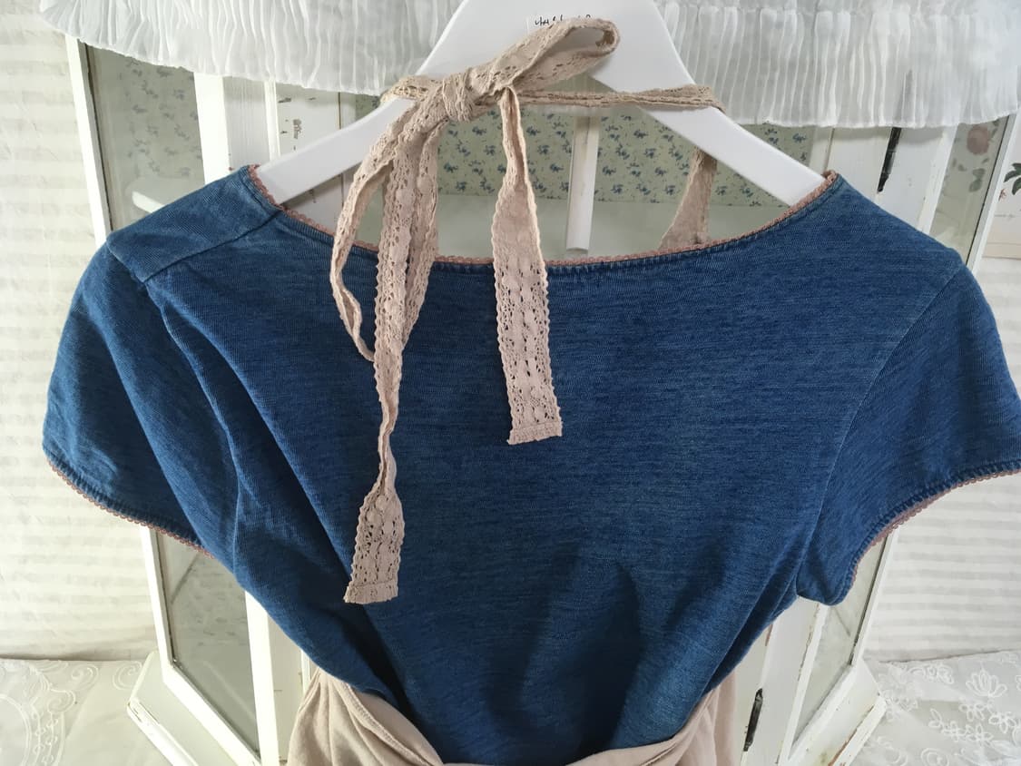 Set)블루 퍼프 반팔 + 하구미 자수 잔꽃 홀터 나시 상품이미지7