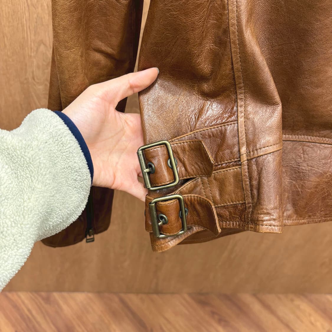 시스템 레더자켓 더블 라이더 포켓 디테일 레귤러핏 빈티지 브라운 상품이미지7