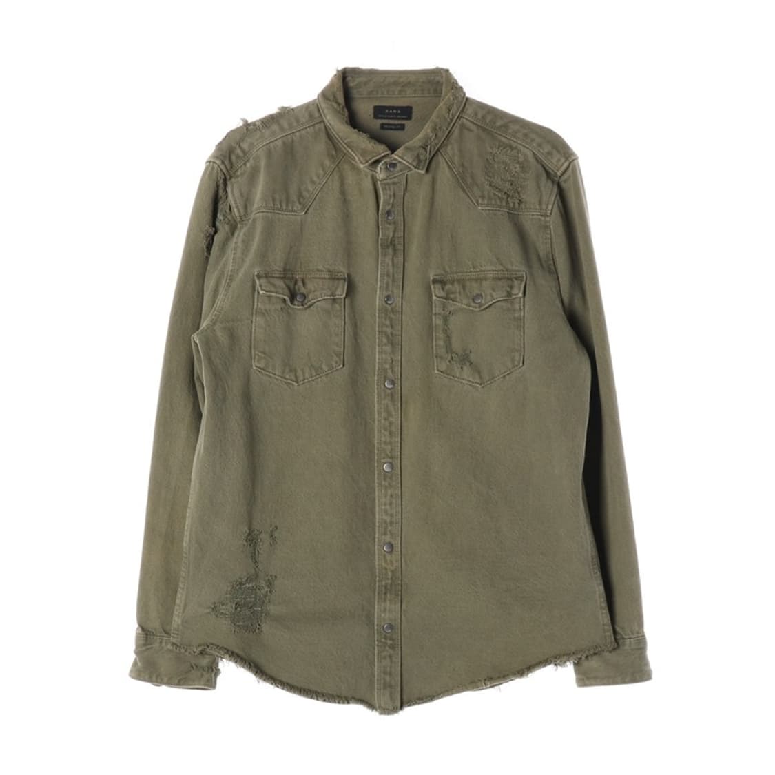 ZARA 릴렉스핏 카키 디스트레스드 데님 셔츠 XL 상품이미지1