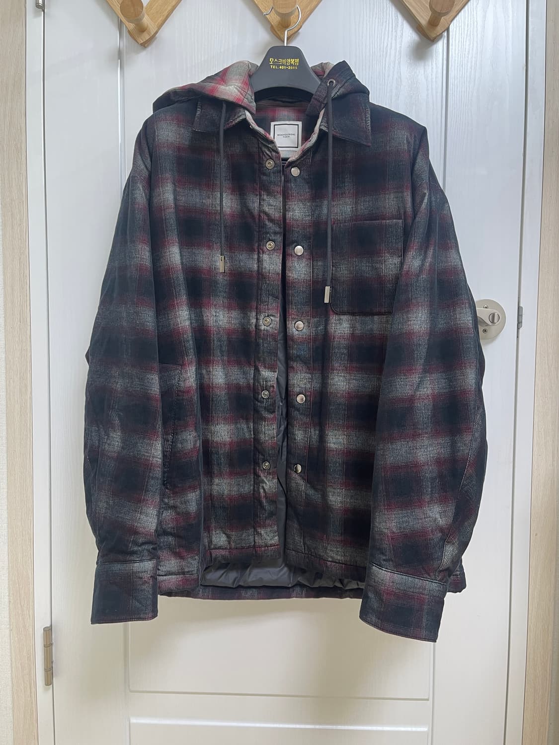 우영미 코듀로이 체크 후드 셔츠 레드 50사이즈 상품이미지2