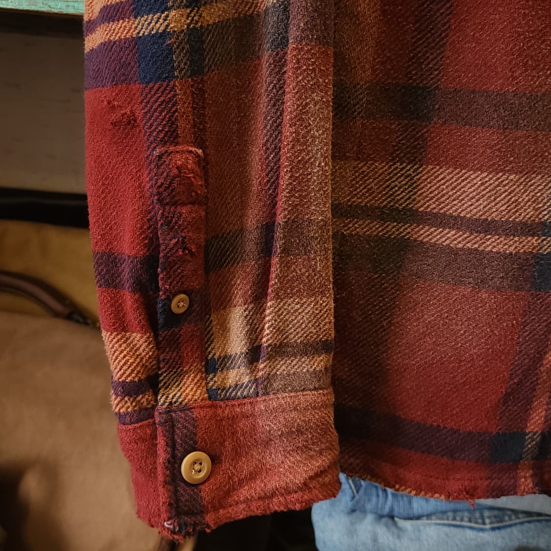 90s 빈티지 체크셔츠 헤비 플란넬 워크셔츠 썬페이딩 레드 데미지 L 상품이미지8