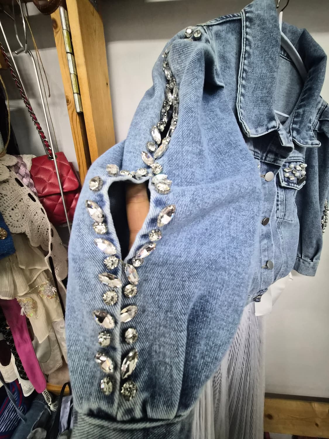 스톤비즈 벌룬 반팔 데님자켓.지고트 레이스 원피스 상품이미지4