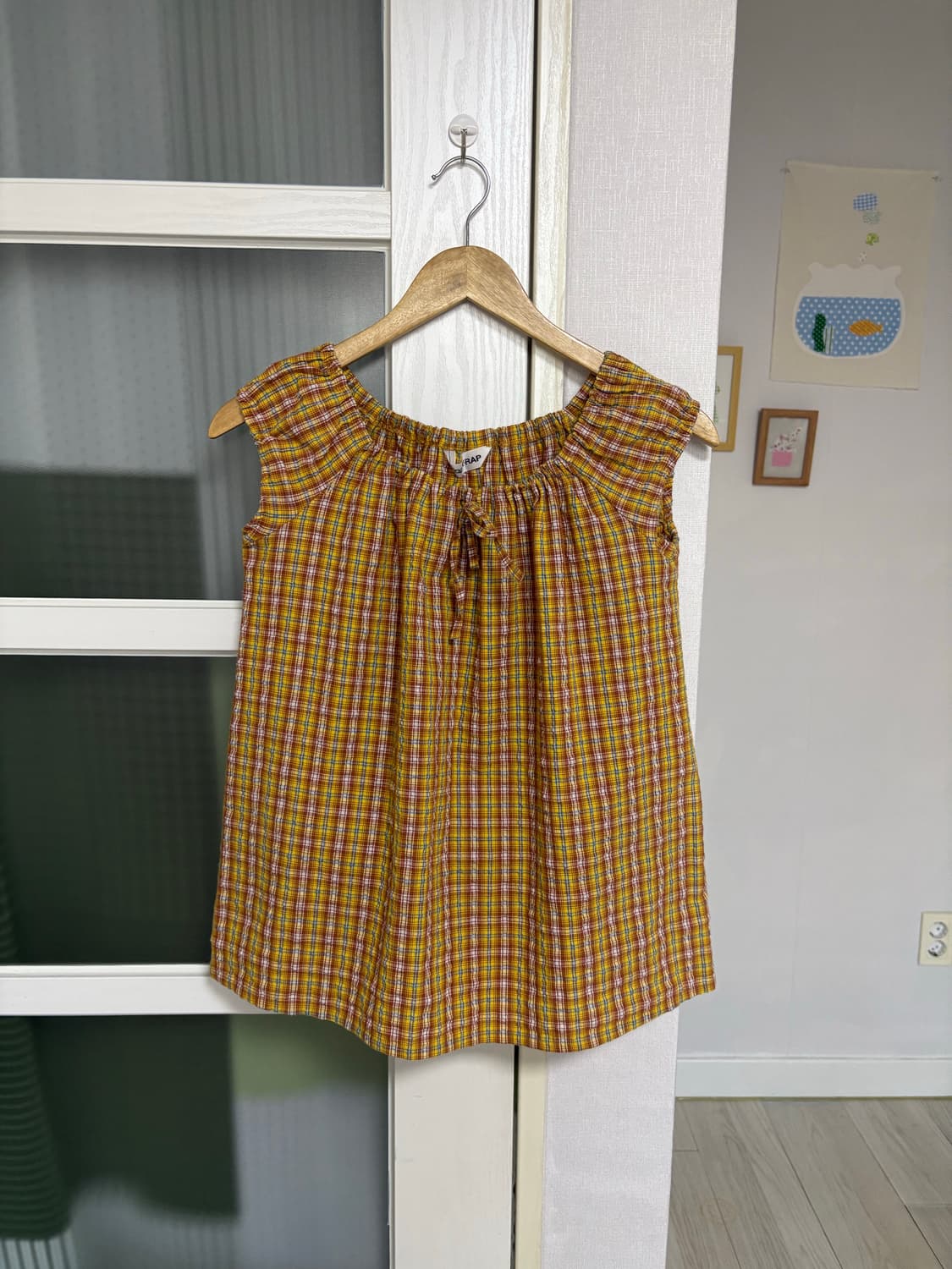 오렌지 체크 퍼프 소매 블라우스 상품이미지1