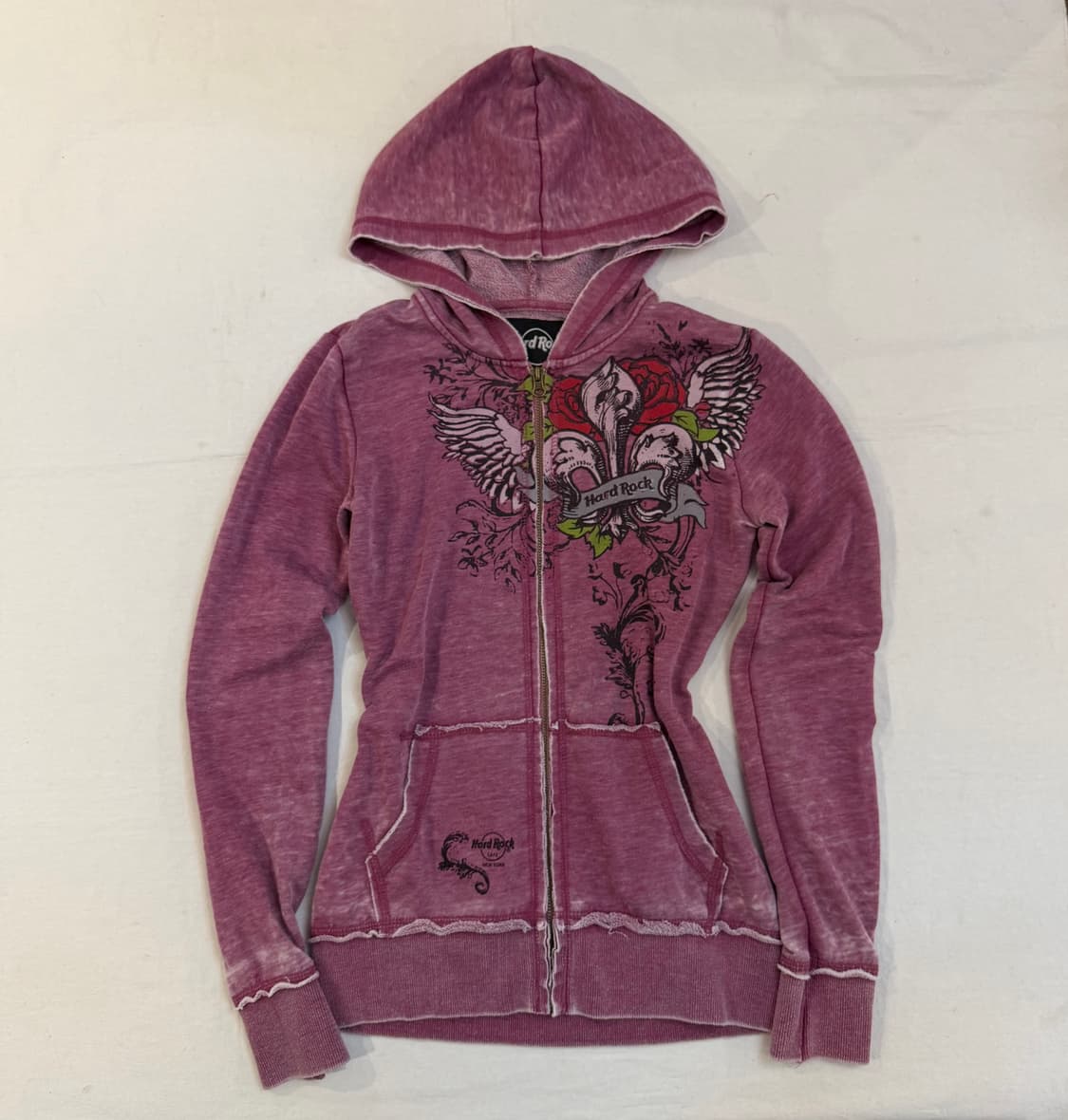 00s 하드락카페 y2k 딱붙핏 프린팅 핑크 후드집업 상품이미지1