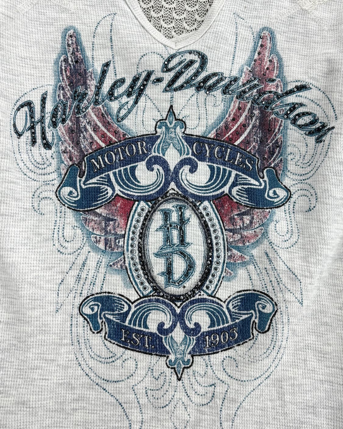 HARLEY DAVIDSON 숄더 레이스 배색 90s 그래픽 와플 티 상품이미지6