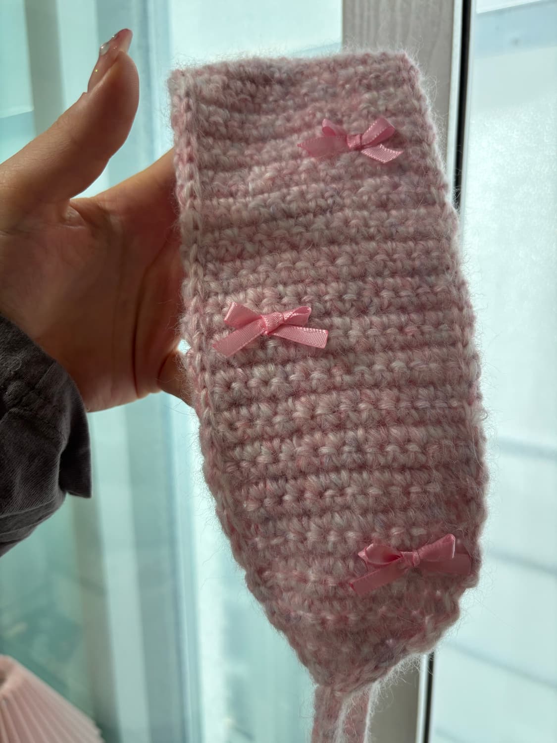 수제 뜨개 귀워머 (핑크 새틴 리본) 상품이미지4