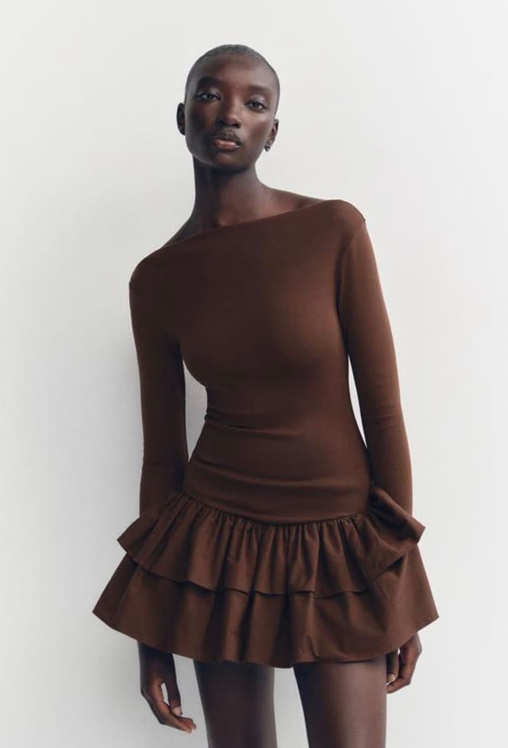 [최저가/착샷]자라 ZARA 보트넥 프릴 미니 원피스 브라운 상품이미지1