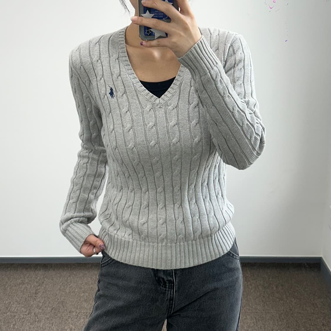 Polo 폴로 네이비포니 베이지 브이넥 케이블 니트 상품이미지1