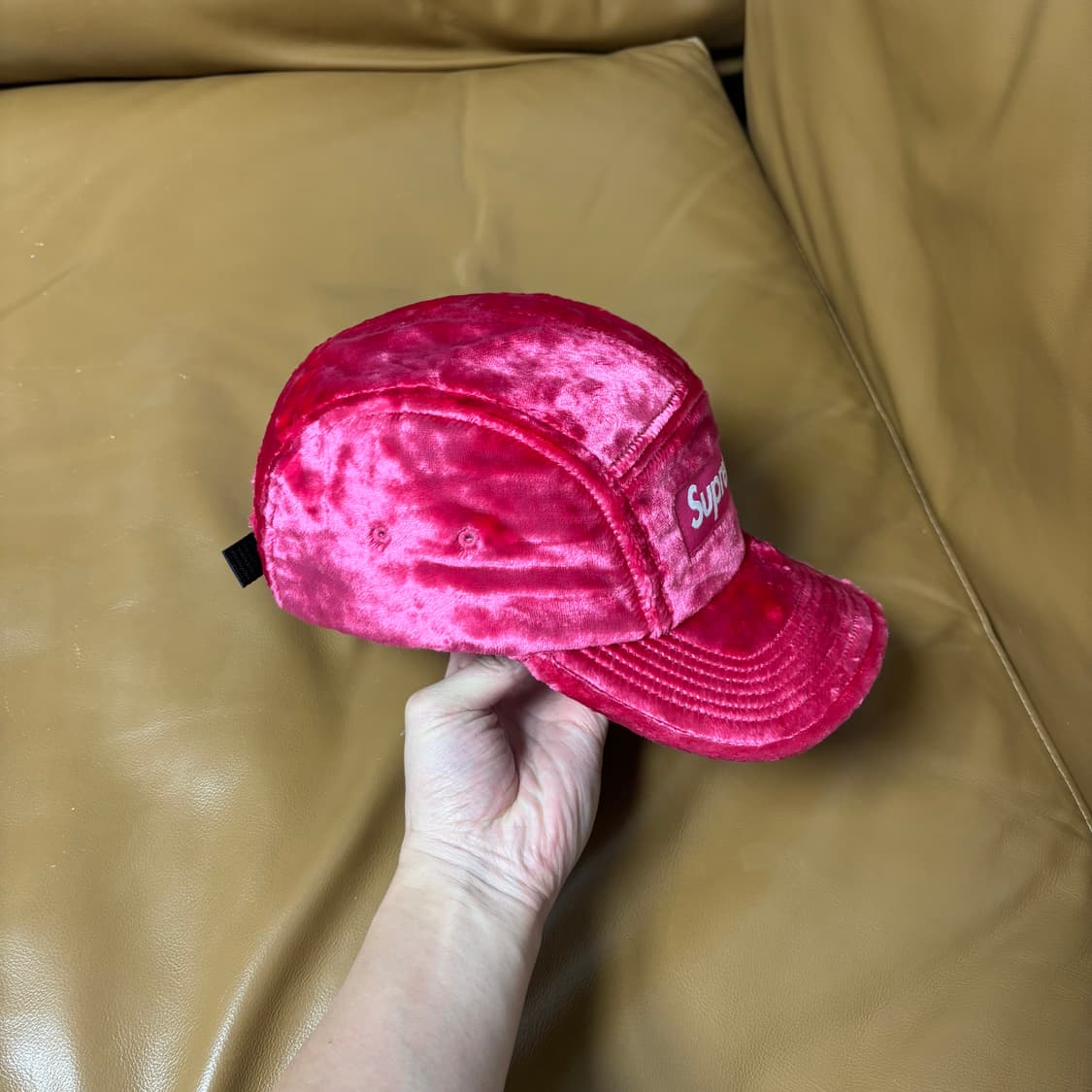 슈프림 캠프캡 모자 박스로고 크러쉬 벨벳 핑크 상품이미지3