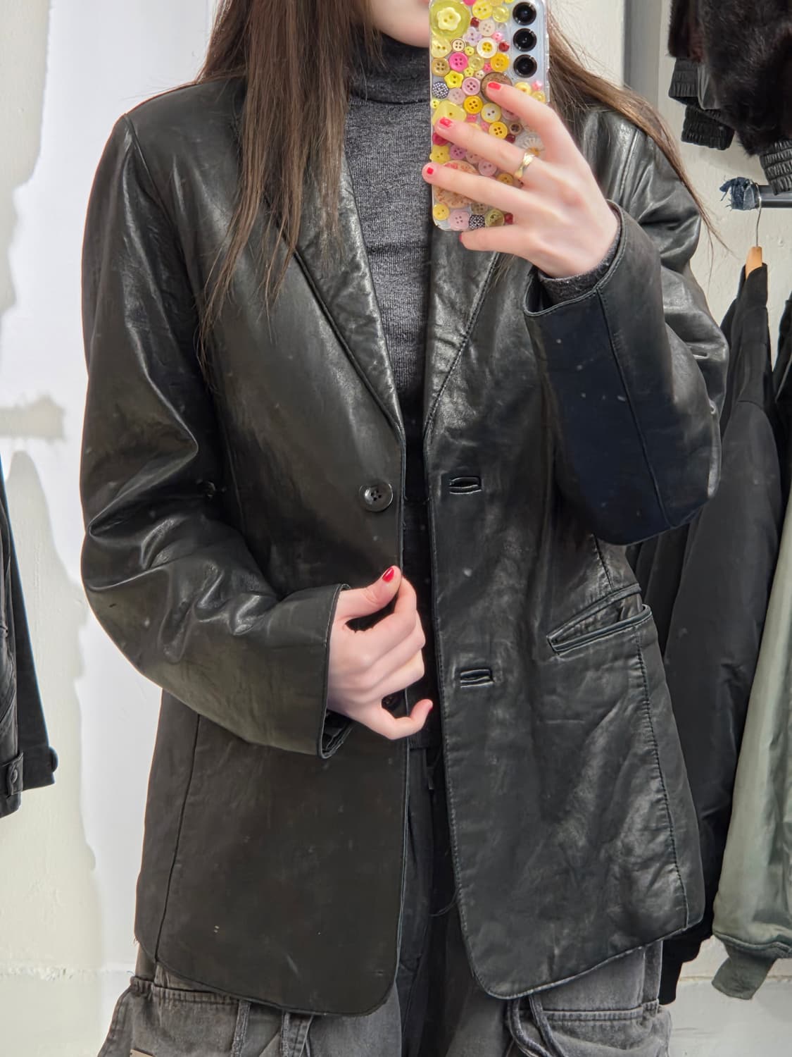 vtg Lambskin 투버튼 레더 블레이저 상품이미지2