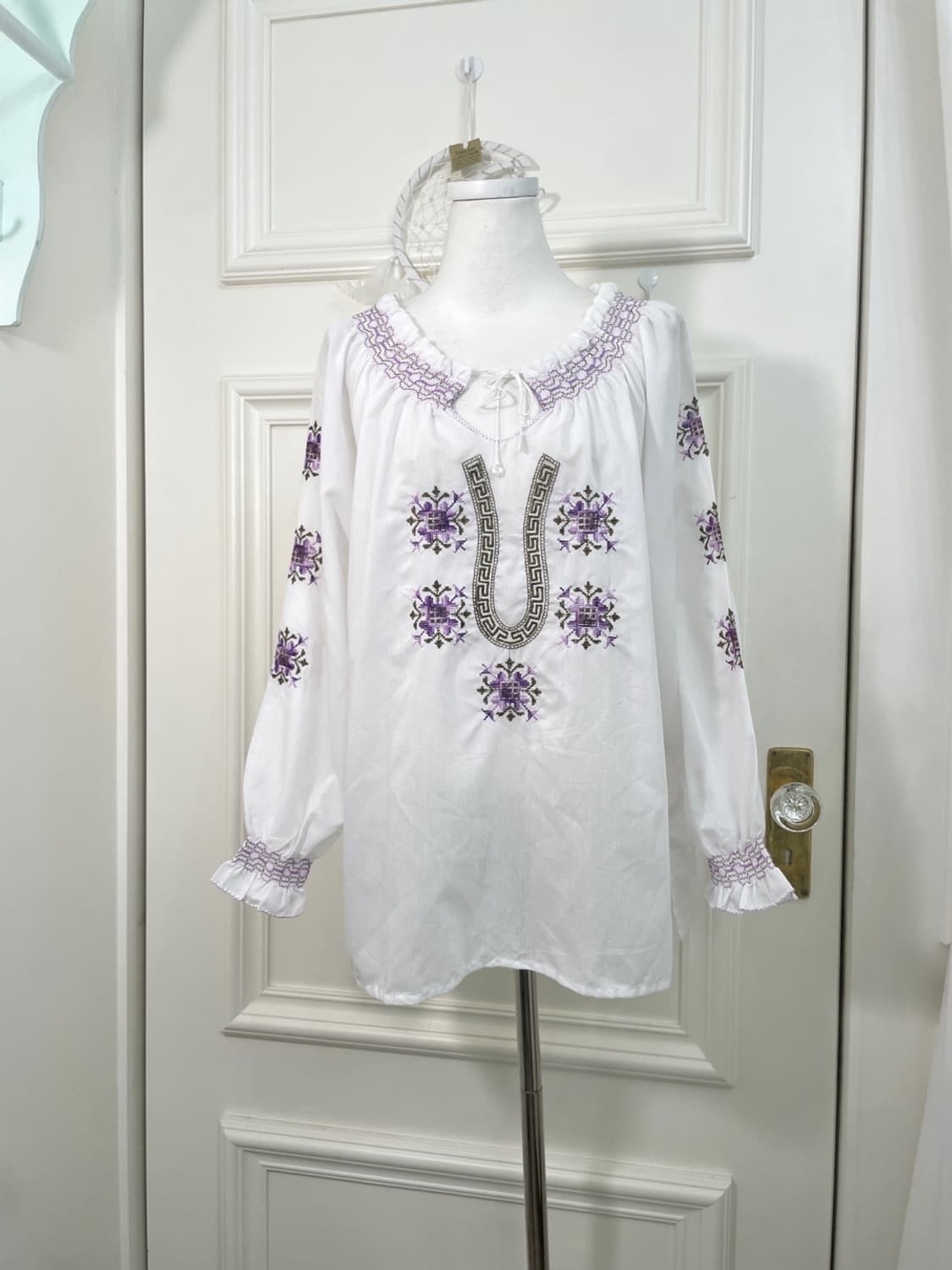 white purple embroidery loose cotton blo 상품이미지1