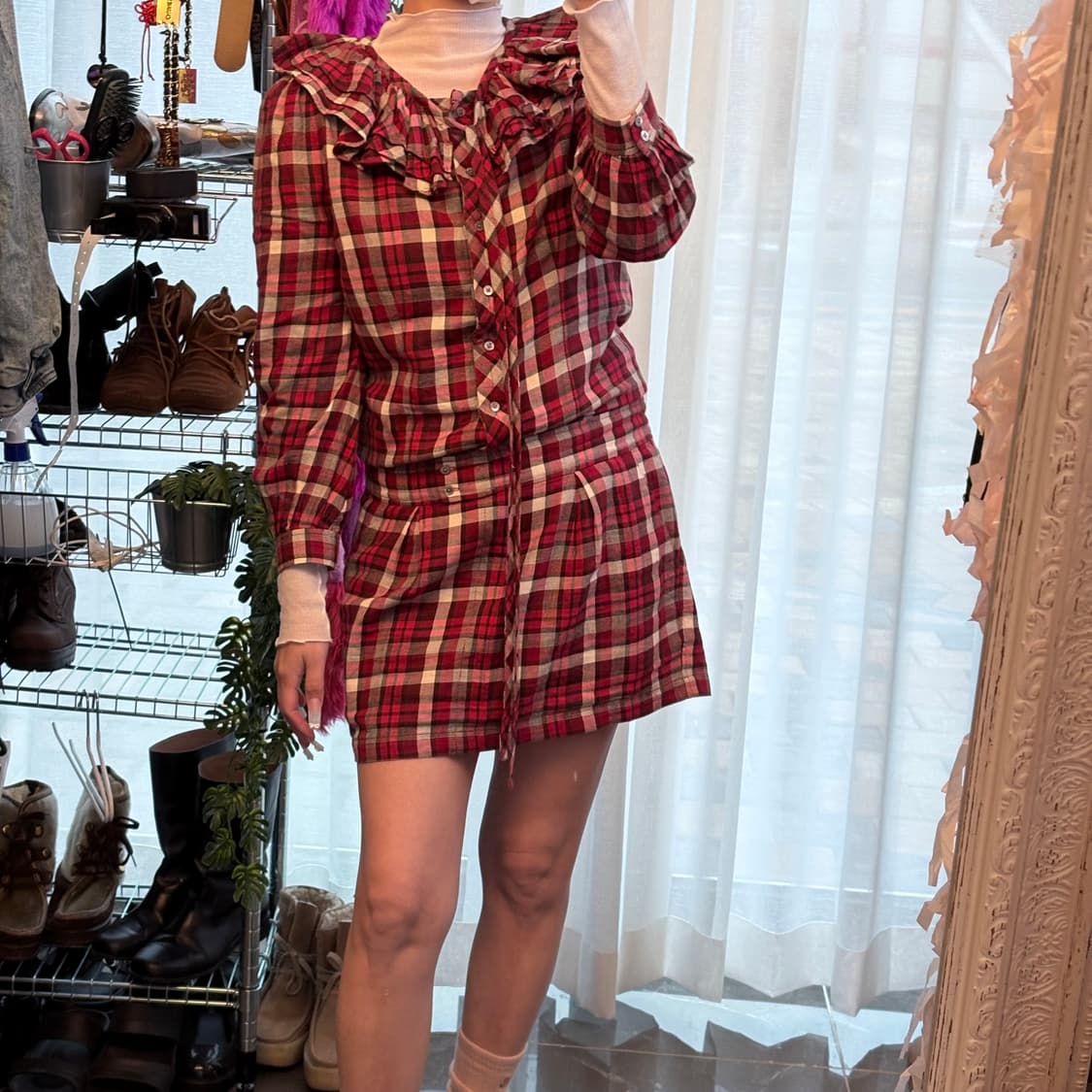 체크 러플카라 드레스 상품이미지4