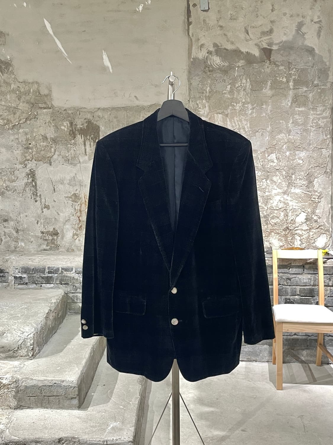 이브 생로랑 디퓨전 옴므 다크 블루 체크 2B 벨벳 블레이저 상품이미지1
