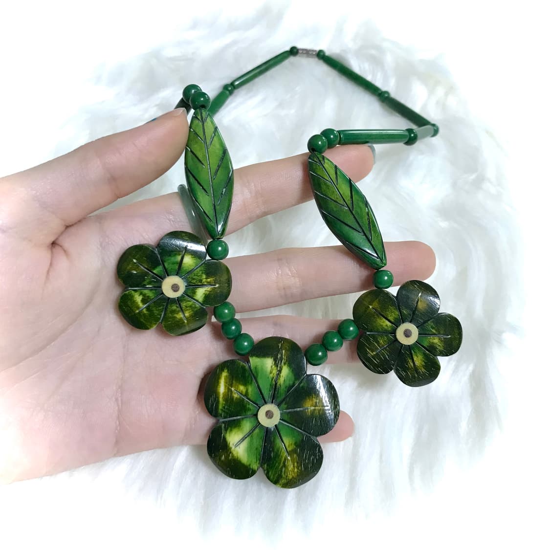빈티지 모리걸 우드 초록 꽃 목걸이 상품이미지4
