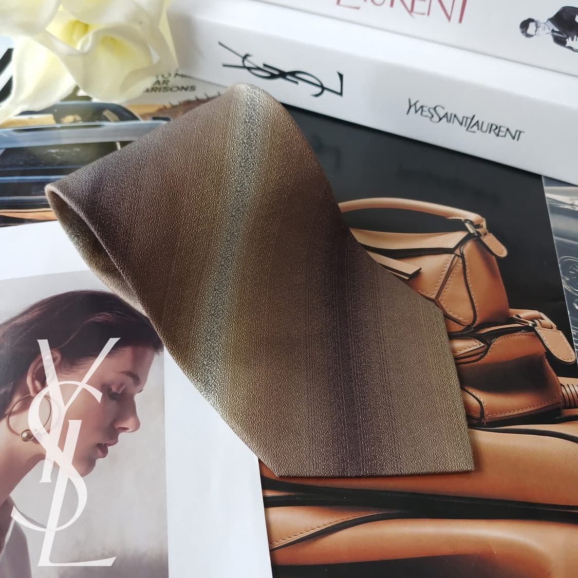 입생로랑 실크 골드브라운 그라데이션 넥타이 9.5cm A+등급A18814 상품이미지1