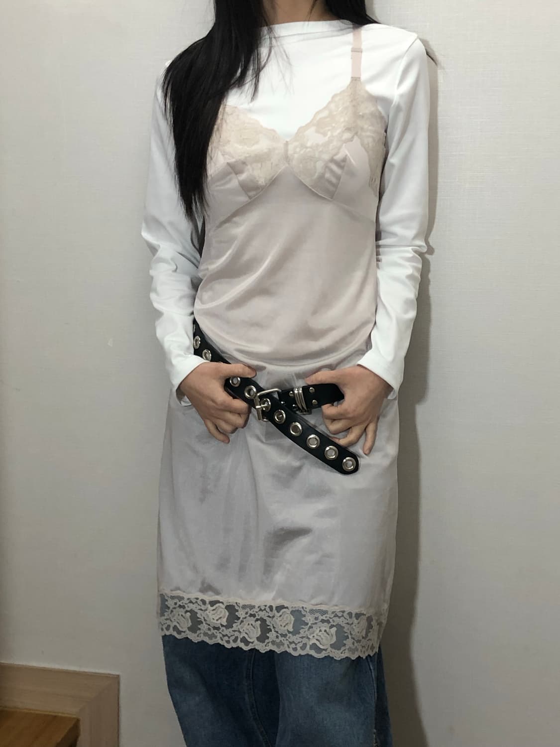 빈티지 라이트그레이 프릴 슬립 원피스 상품이미지3