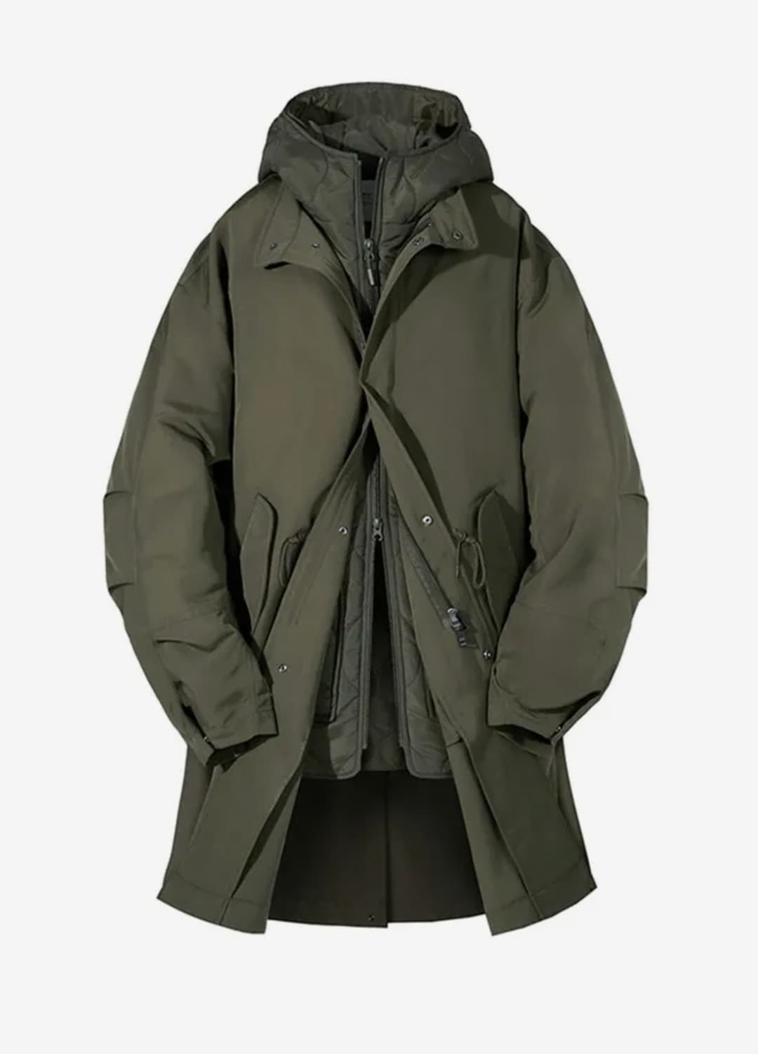 코드그라피 피쉬테일 레이어드 후드 롱파카 카키 상품이미지3