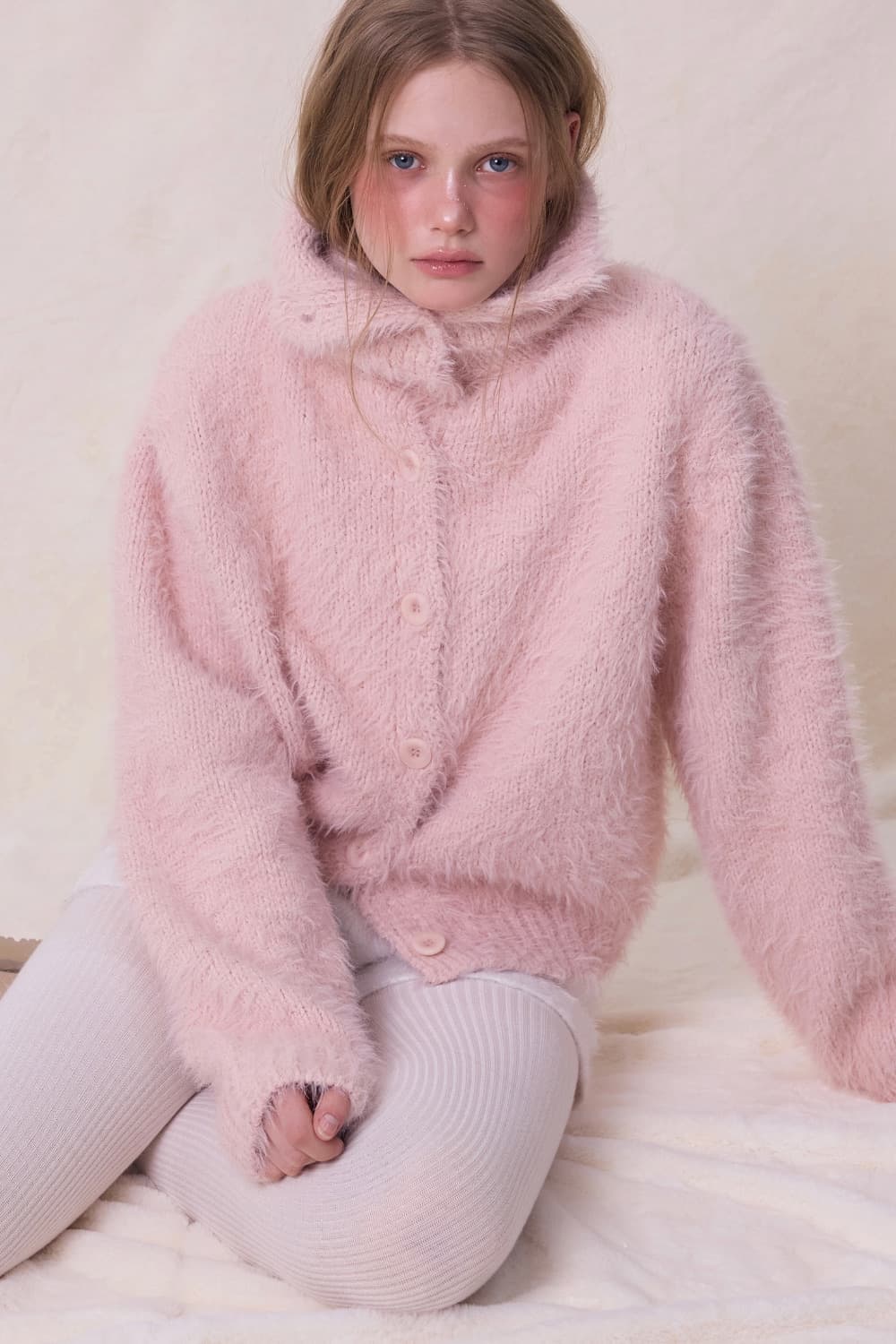 더오유 세일러 하이넥 니트 가디건 베이비 핑크 상품이미지2