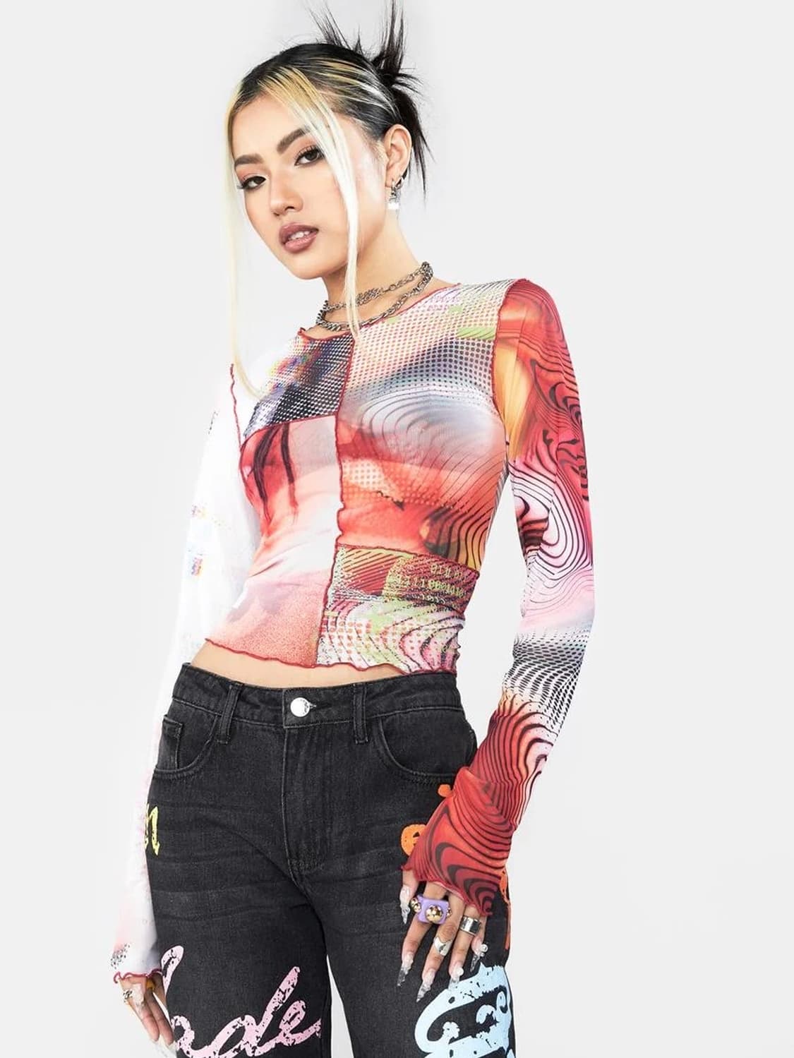 Jaded london 패턴 메쉬 긴팔 티셔츠 상품이미지1