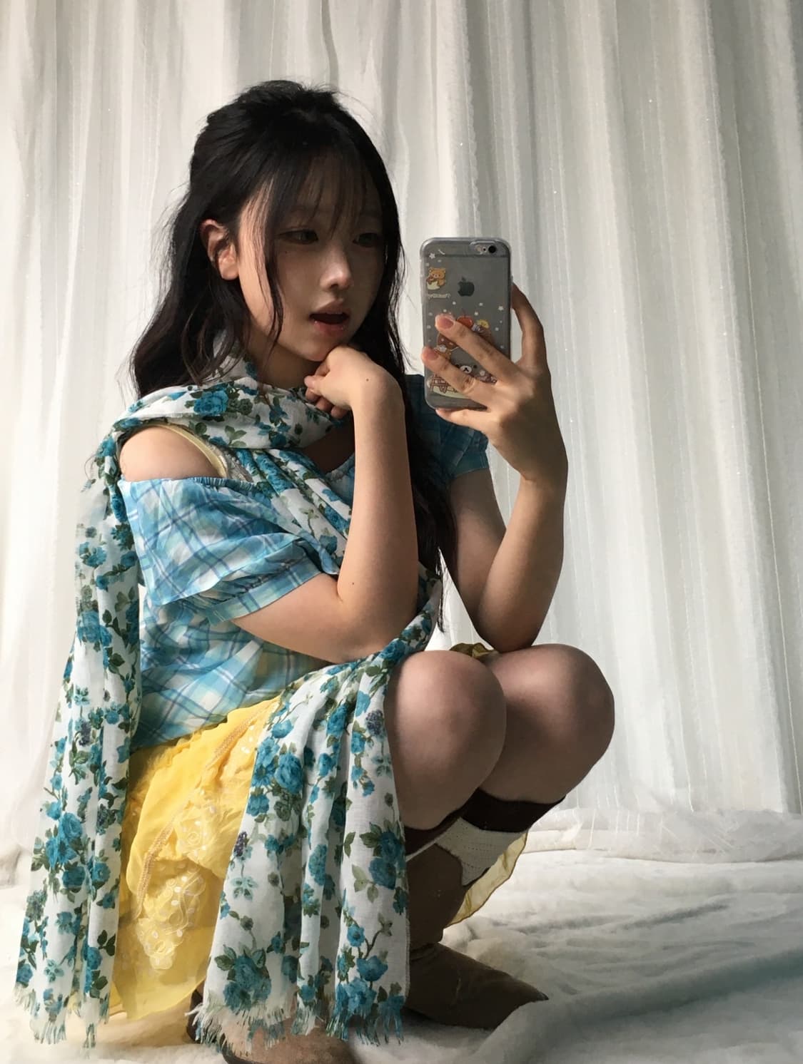 빈티지 블루 옐로우 플라워 체크 코디세트 상품이미지1
