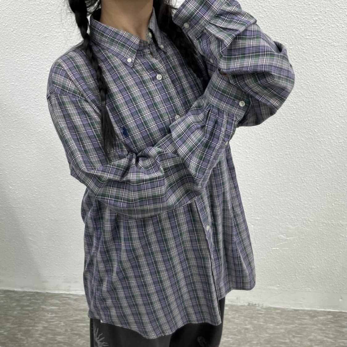 폴로 랄프로렌 네이비포니 퍼플 그린 체크 셔츠 L 상품이미지5