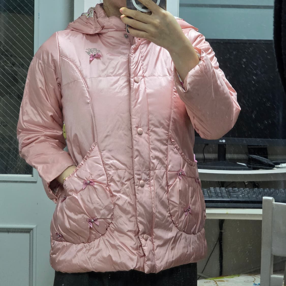 일본빈티지)딸기우유 히메갸루st 플로럴 리본 퀄팅 양산형 핑크로리타 패딩 상품이미지6