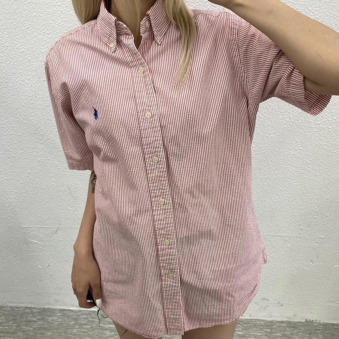 폴로 랄프로렌 블루포니 시어서커 핑크 반팔셔츠 S 상품이미지5