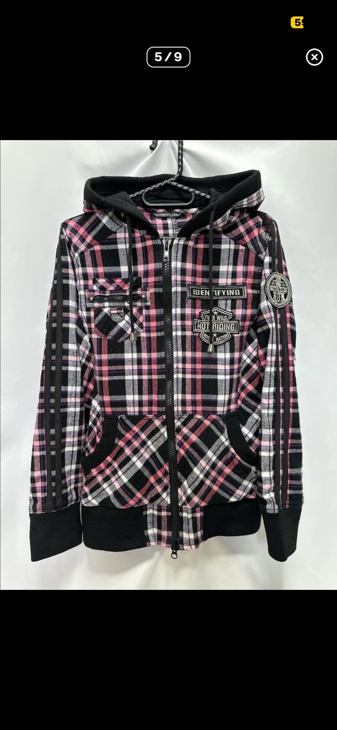 일본빈티지 핑크체크 투웨이 후드집업 상품이미지4