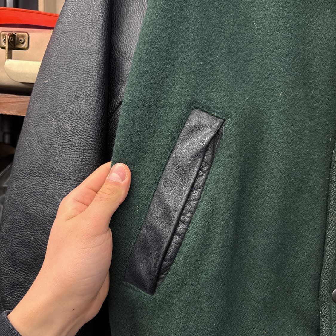 80s 맨즈 플랑드레 엠브로이드 울 레더 후드 바시티 자켓 N936 상품이미지5