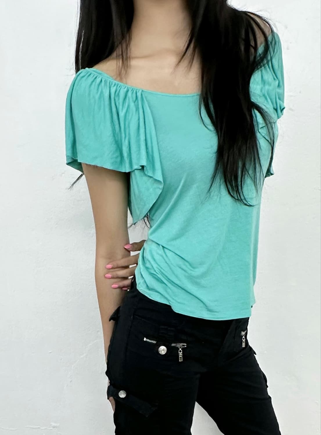 Mint Ruffle Off Shoulder Blouse 상품이미지1