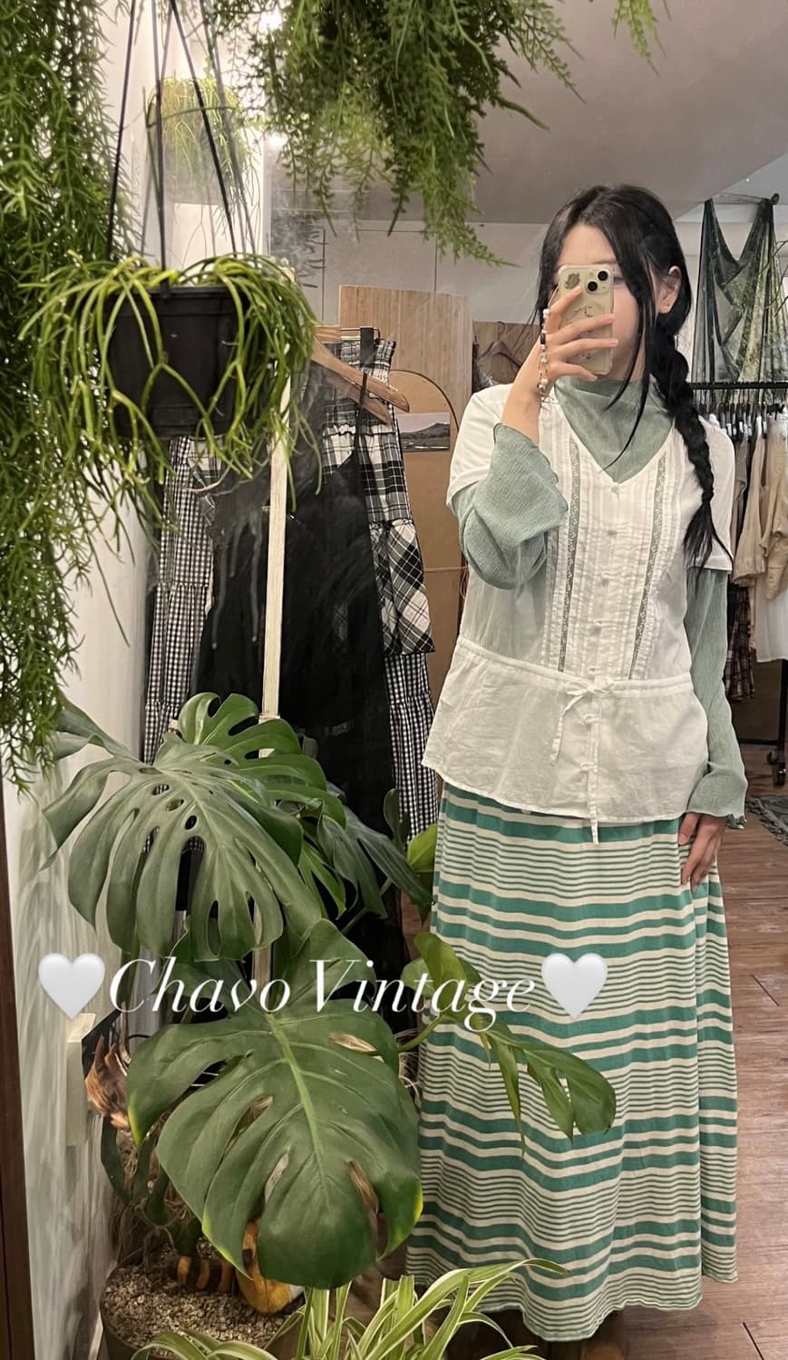 빈티지 그린 모리 코디세트 (스트라이프 스커트, 화이트 레이스 블라우스) 상품이미지1
