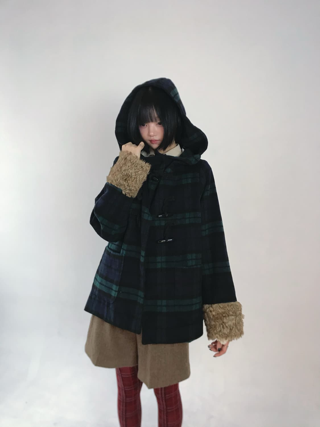 Green-check fur sleeve duffel coat 상품이미지2